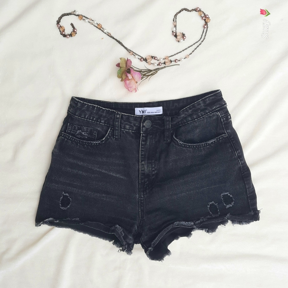 YMI High Rise Dream Fit, Distressed Black Denim Shorts
